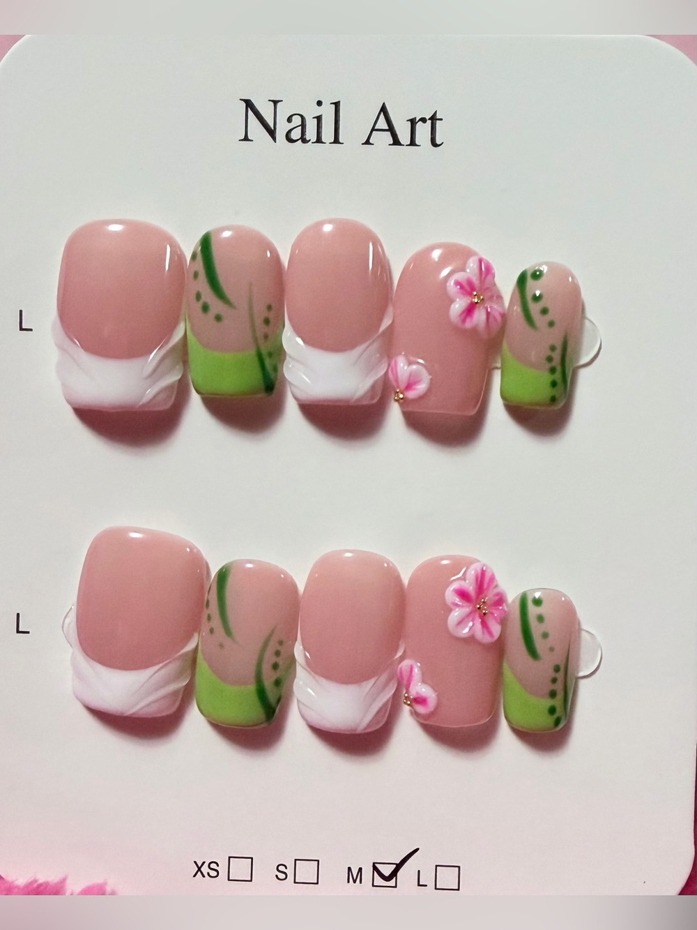 Nude Pink Floral Press-On Nail Set with Green Accents